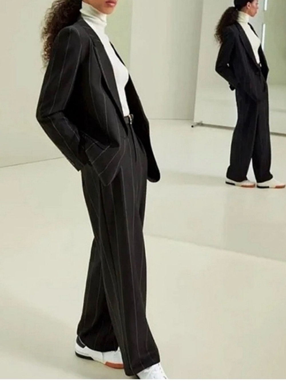 Nili Lotan x Target Black Pinstripe Wide-Leg Trousers.